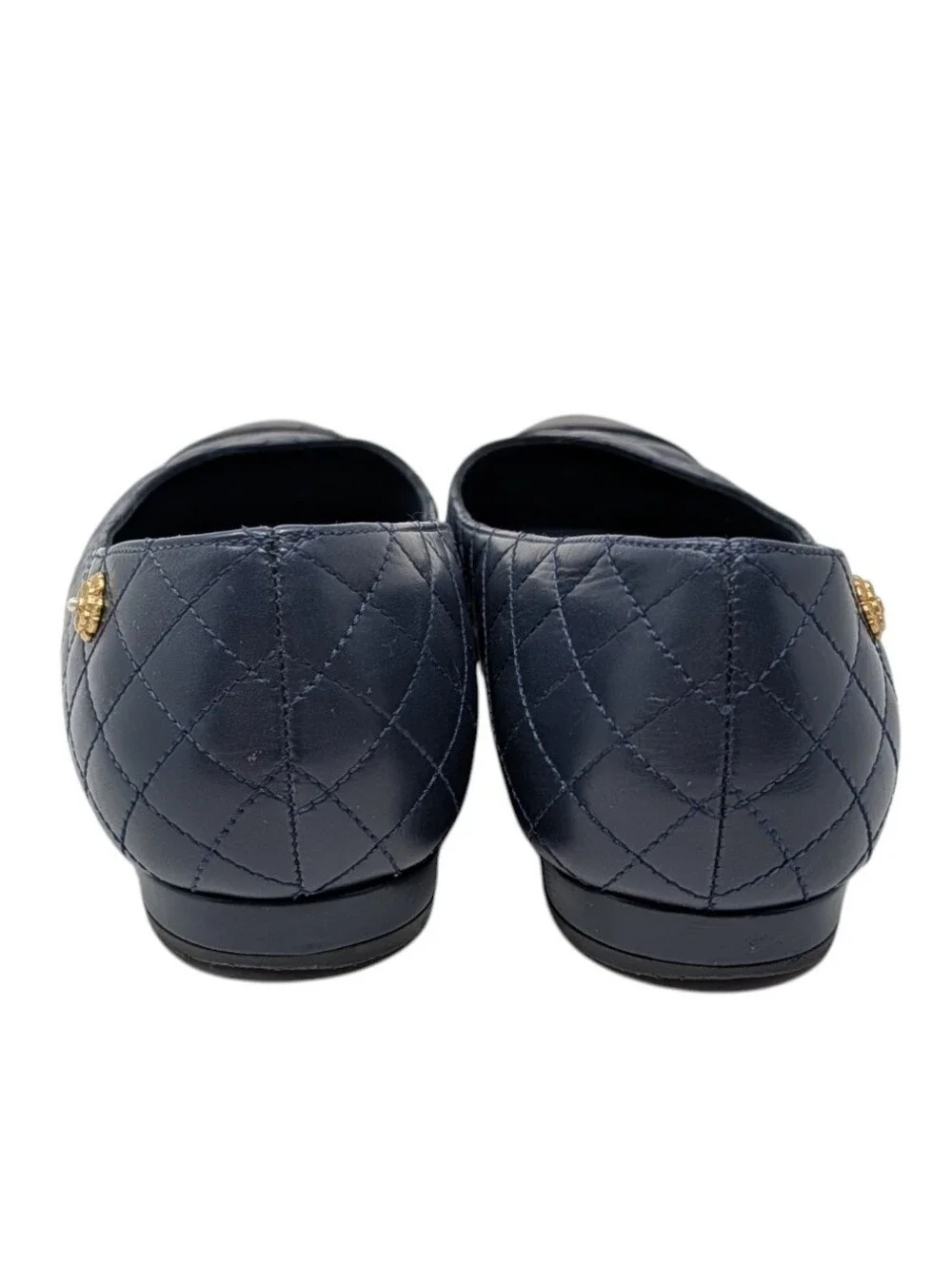 Chanel Navy Blue Quilted Cap Toe Camellia Charm Ballerina Flat Size EU 40.5